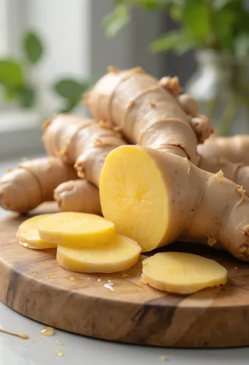 Rimpang jahe segar utuh, irisan, dan parutan dalam mangkuk kecil