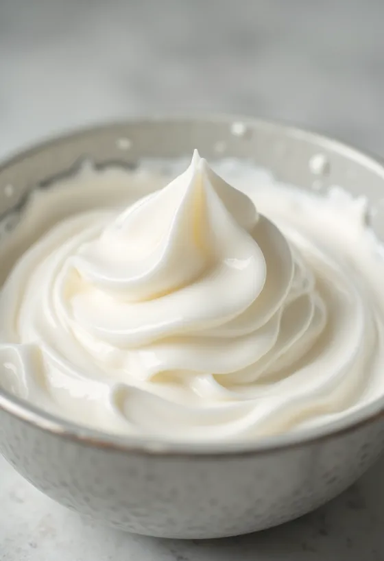 Krim kocok cair dalam wadah kaca dan hasil kocokan foam di mangkuk