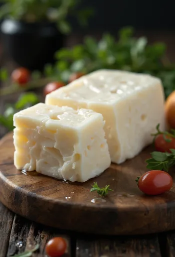 Keju Halloumi segar di dalam mangkuk keramik putih di atas meja kayu