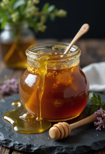 Madu bunga heather mentah dalam toples dengan sendok madu dan bunga