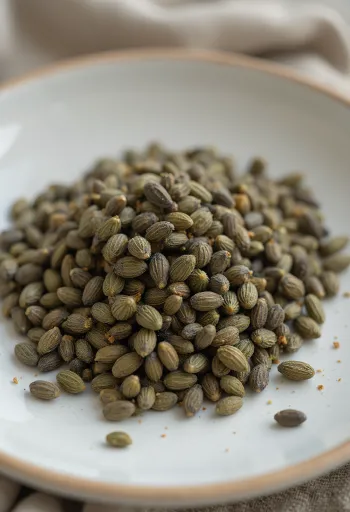 Biji hemp utuh dengan kulit, tekstur alami di permukaan terang