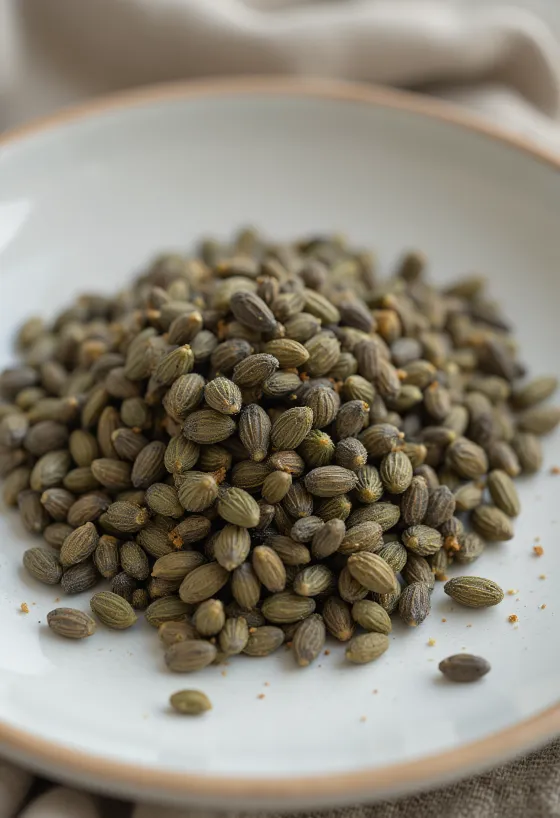 Biji hemp utuh dengan kulit, tekstur alami di permukaan terang