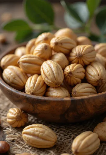 Kacang Brazil kupas menumpuk, latar belakang terang, sisa kulit ari cokelat