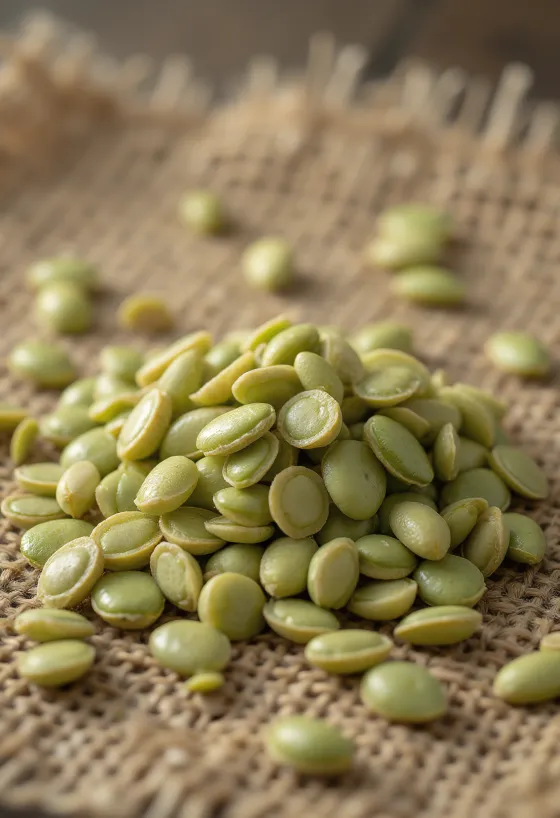 Biji hemp kupas (hemp hearts) tampilan dekat, butiran lembut di permukaan terang