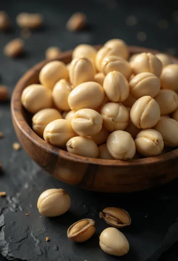 Kacang macadamia kupas bulat dan putih bersih, tampilan elegan