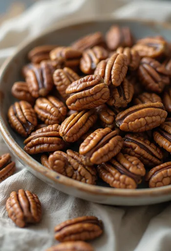 Kacang pecan kupas alami, berwarna cokelat keemasan dengan latar putih