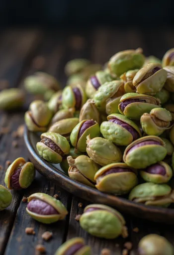 Kacang pistachio kupas berwarna hijau ungu menumpuk alami