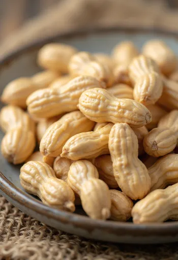 Kacang tanah kupas mentah (blanched) berwarna krem di atas latar putih