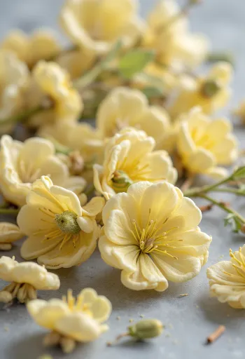 Bunga linden kering berwarna kuning kehijauan dalam mangkuk dan sendok