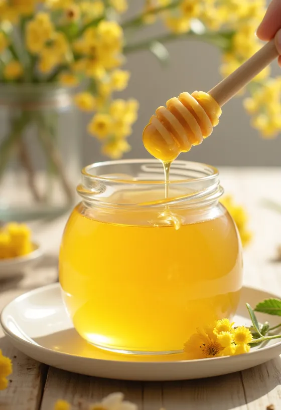 Madu linden dalam toples dengan sendok madu dan bunga linden