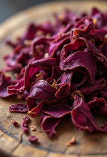 Kelopak bunga rosella kering dalam mangkuk dan tersebar di meja