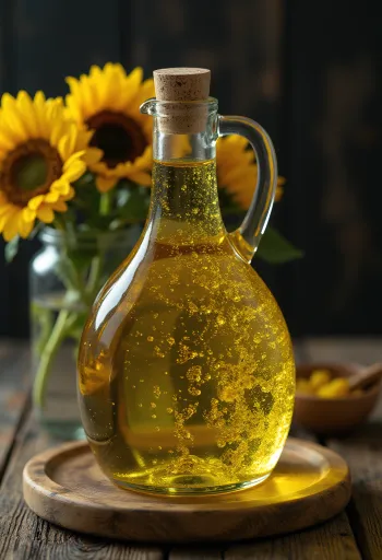 Minyak bunga matahari cold pressed dalam mangkuk kaca kecil dengan biji bunga matahari