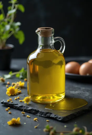 Minyak kanola peras dingin dalam mangkuk kaca, dihiasi biji kanola dan bunga kuning