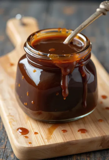 Mangkuk berisi saus hoisin kental dikelilingi bahan dasarnya: kedelai, bawang putih, pekak