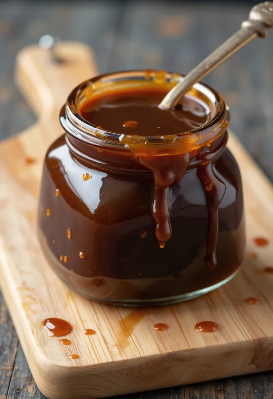 Mangkuk berisi saus hoisin kental dikelilingi bahan dasarnya: kedelai, bawang putih, pekak