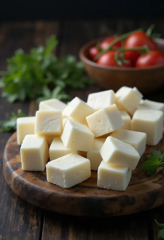Keju Paneer India segar dipotong dadu dalam mangkuk keramik putih