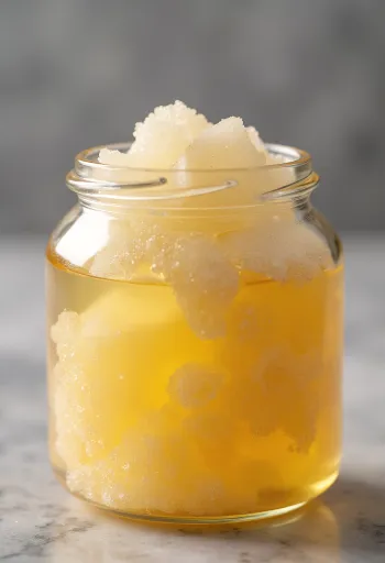 Sirup gula invert bening kental dalam toples kaca dengan sendok