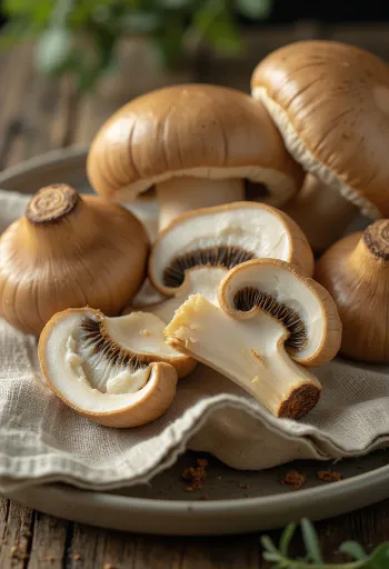 Jamur porcini segar iris dengan rempah di talenan kayu