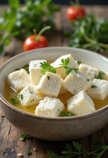 Keju Feta domba segar dalam mangkuk keramik putih di meja kayu