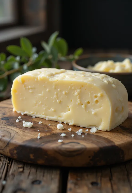 Mentega susu domba dalam mangkuk kecil, tekstur creamy di atas kayu