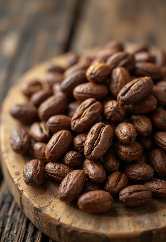 Biji kakao fermentasi kering dengan kulit terbuka dan pecahan nibs di permukaan rustik