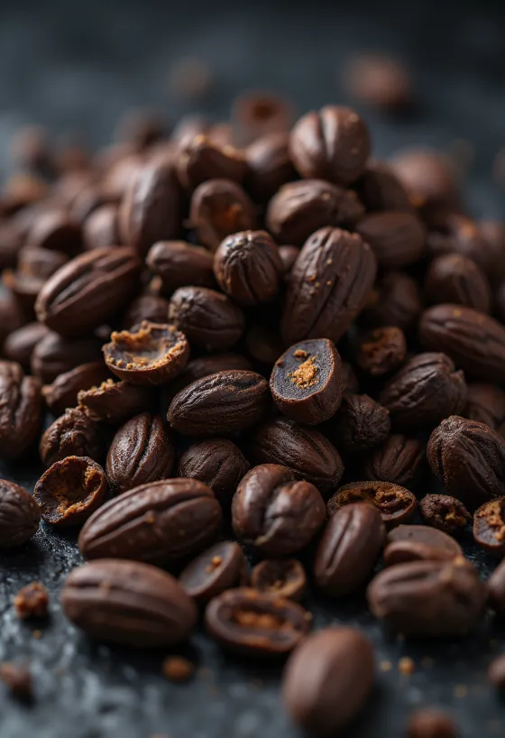 Kakao nibs dalam mangkuk kecil dengan potongan cokelat di latar kayu rustik