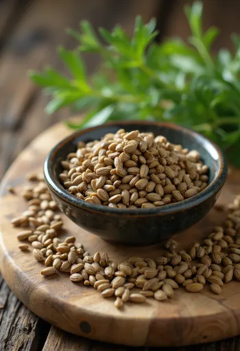 Biji adas sowa (dill seeds) di sendok kayu dan mangkuk
