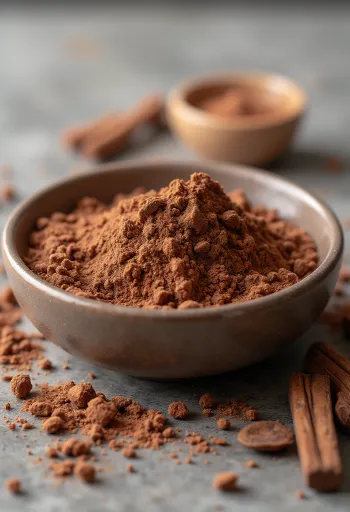 Bubuk carob sebagai bahan: bubuk cokelat halus di mangkuk dan sendok kayu di latar dapur
