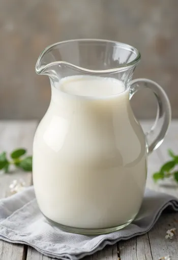 Susu kambing segar dalam gelas dan kendi di permukaan dapur yang terang