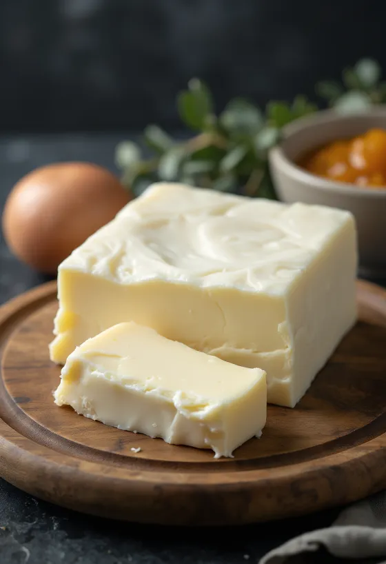 Mentega susu kambing putih pucat dalam mangkuk keramik di atas kayu