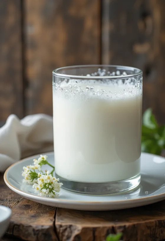Kefir segar yang kental dalam mangkuk dan botol kaca di atas meja kayu