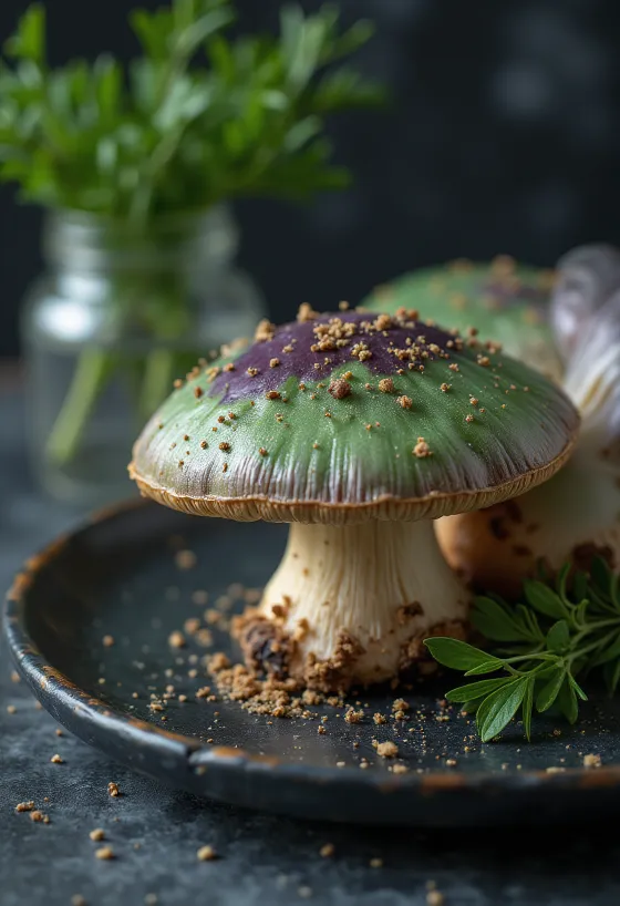 Jamur Russula Arang yang diiris dan dibersihkan di atas talenan dapur