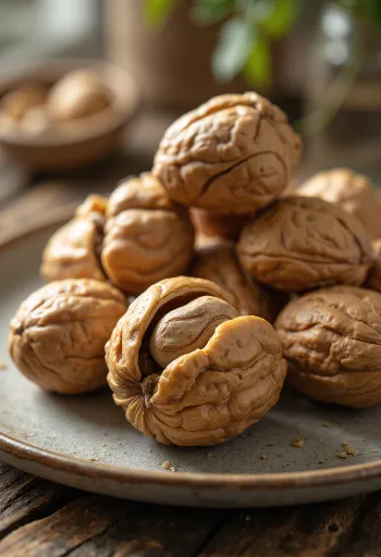 Inti kacang walnut kupas di mangkuk rustik, cahaya alami