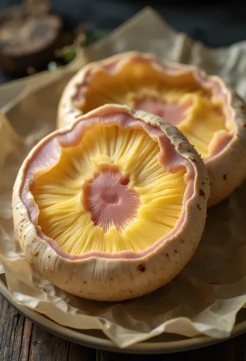 Irisan jamur porcini royal segar disajikan dengan bawang putih dan thyme