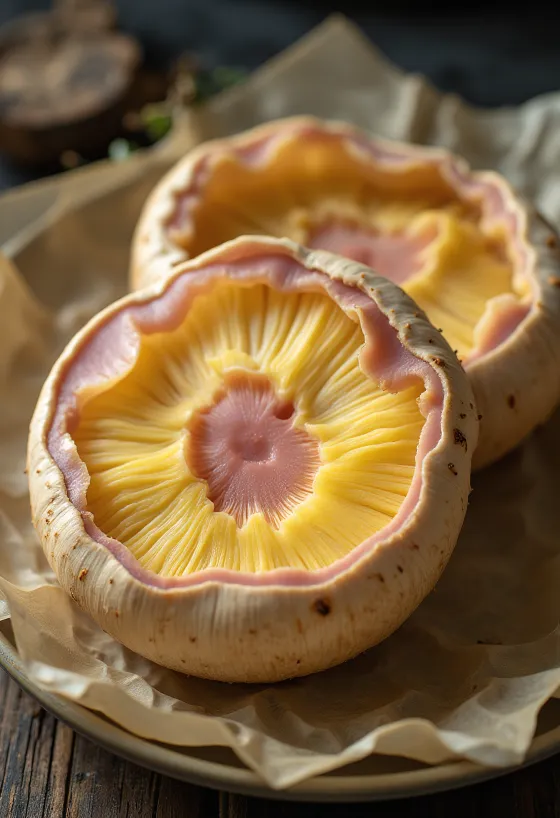 Irisan jamur porcini royal segar disajikan dengan bawang putih dan thyme