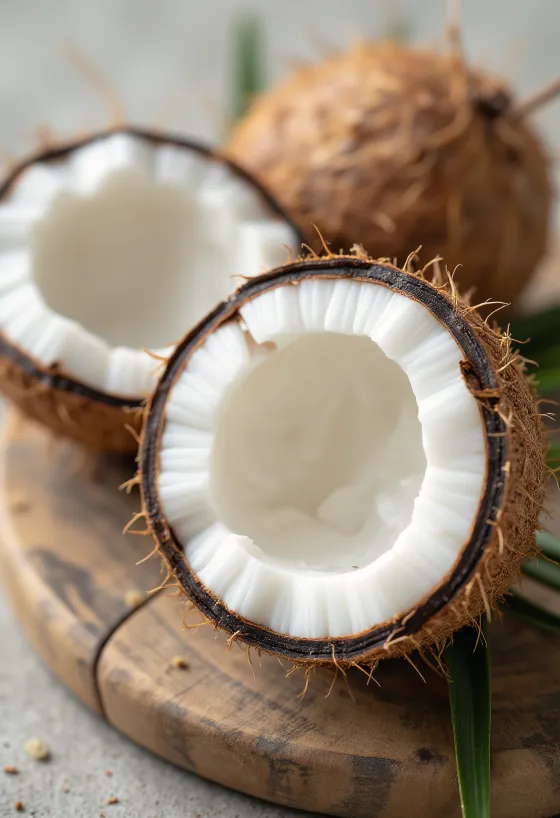 Kelapa utuh dan terbelah dengan daging putih, air kelapa, dan serutan di permukaan kayu