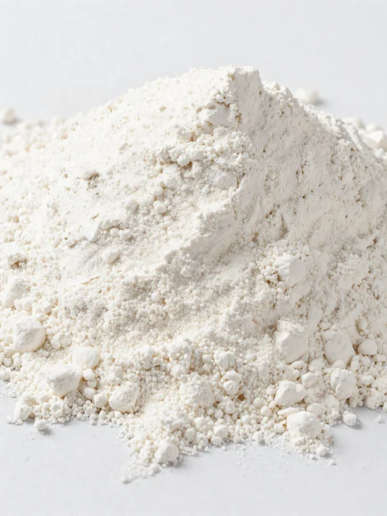 Tepung kelapa dalam mangkuk keramik, bubuk halus berwarna terang di atas meja kayu