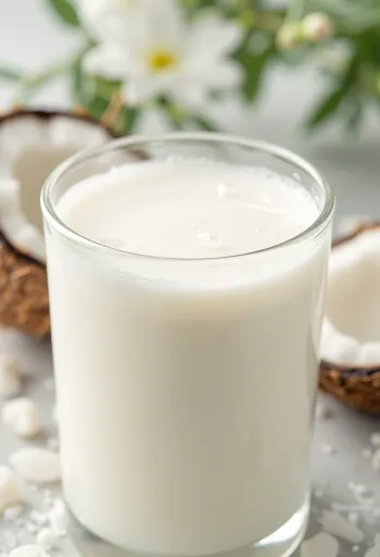 Susu kelapa cair dituang ke dalam gelas bening