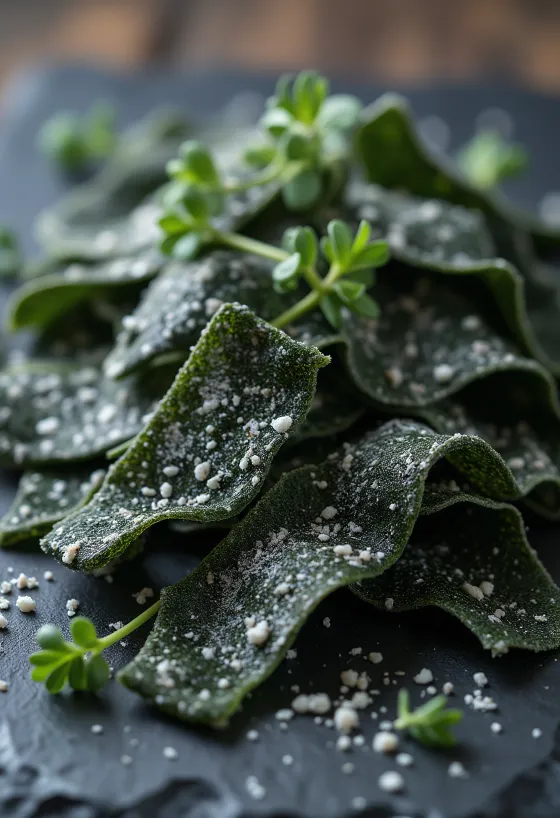 Lembaran rumput laut kombu kering di permukaan kayu, dengan potongan direndam dalam mangkuk kecil