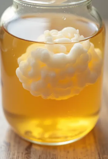 Bahan kombucha: SCOBY, teh hitam, gula, dan toples fermentasi di permukaan kayu