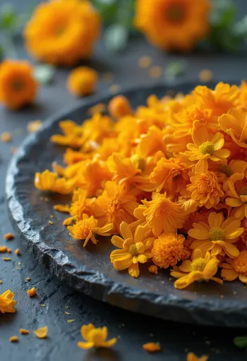 Kelopak bunga Calendula segar di piring putih, untuk penggunaan kuliner