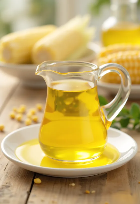 Minyak jagung dalam botol, biji jagung dan tepung jagung kasar