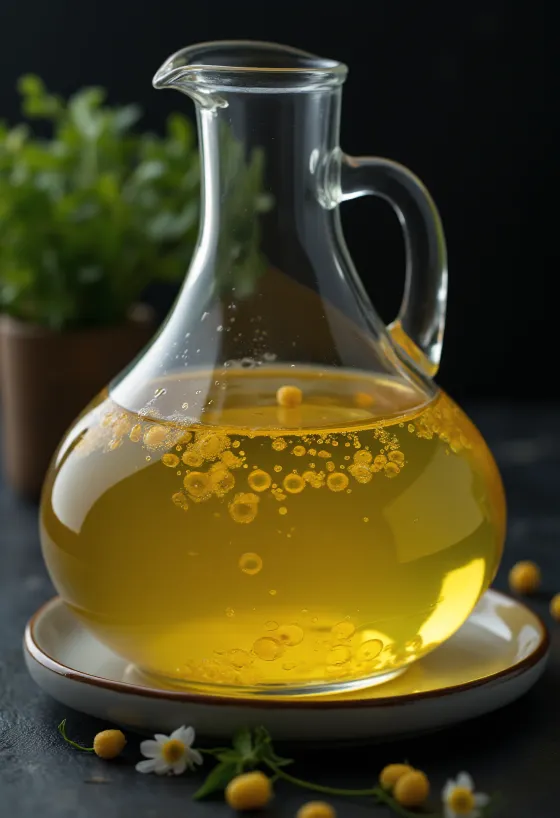 Minyak jagung kuning jernih dalam mangkuk, dengan biji jagung dan lembaga