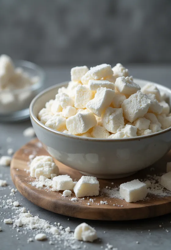Tepung pati kuzu di mangkuk keramik dan sendok, dengan irisan akar