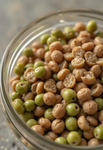 Berbagai jenis kacang lentil dalam mangkuk keramik di meja kayu