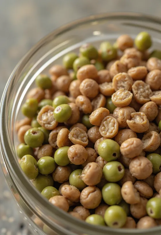 Berbagai jenis kacang lentil dalam mangkuk keramik di meja kayu