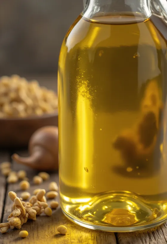 Minyak biji rami dalam botol amber dan mangkuk kecil di permukaan terang