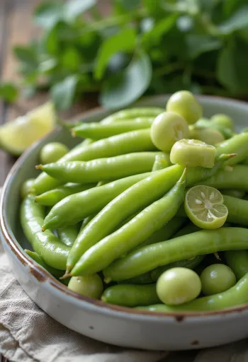 Polong Kacang Fava segar dan biji kacang yang dikupas di permukaan bergaya pedesaan