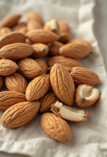 Kacang almond kupas utuh dan terbelah dalam mangkuk dan tersebar