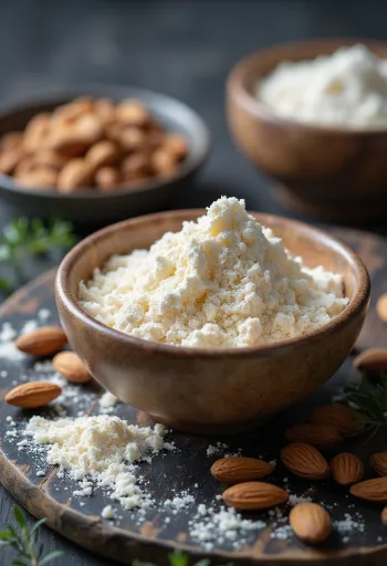 Sendok kayu berisi bubuk susu almond halus di atas mangkuk